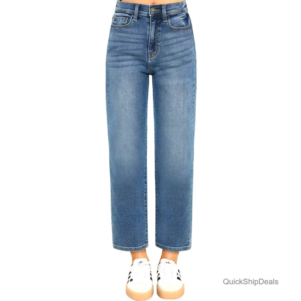 High Waisted Cropped Straight Leg Jeans 7/8 Length Denim Pants